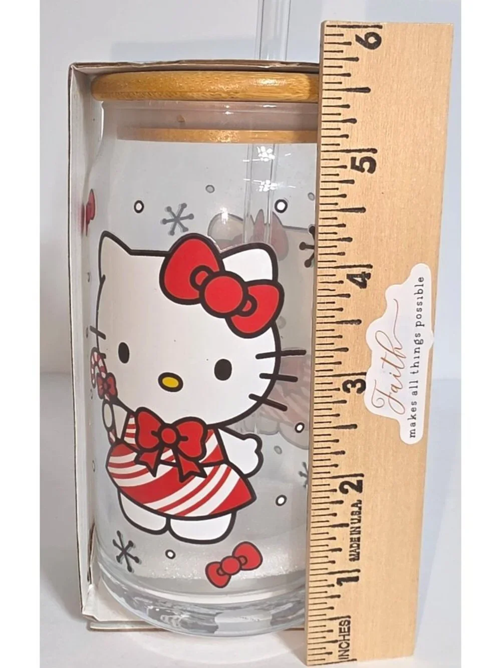 Sanrio Hello Kitty Christmas Glass Tumbler w/Bamboo Lid & Glass Straw 16oz Peppe